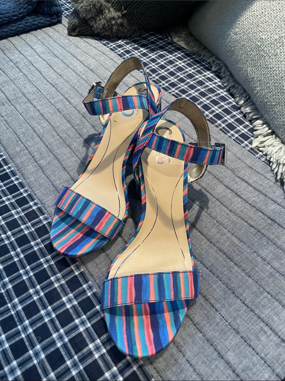 NWOB CIRCUS BY SAM EDELMAN Ankle-Strap Sandals in Blue, Pink, and Coral Size 7